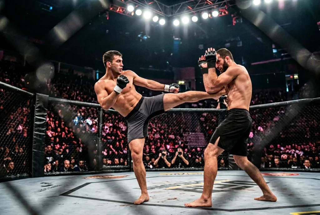 UFC-Hauptkampf in einer vollen Arena mit MMA-Kämpfern im Oktagon