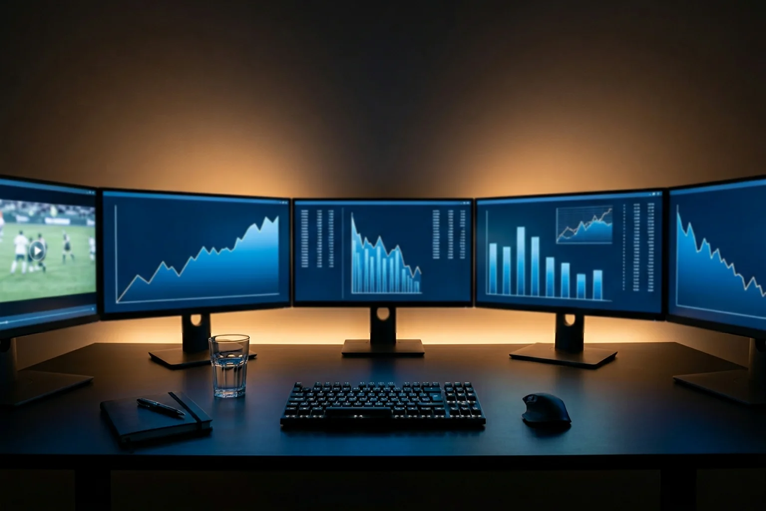 Trader-Arbeitsplatz mit mehreren Monitoren und Echtzeit-Datenfeeds für Live-Quoten