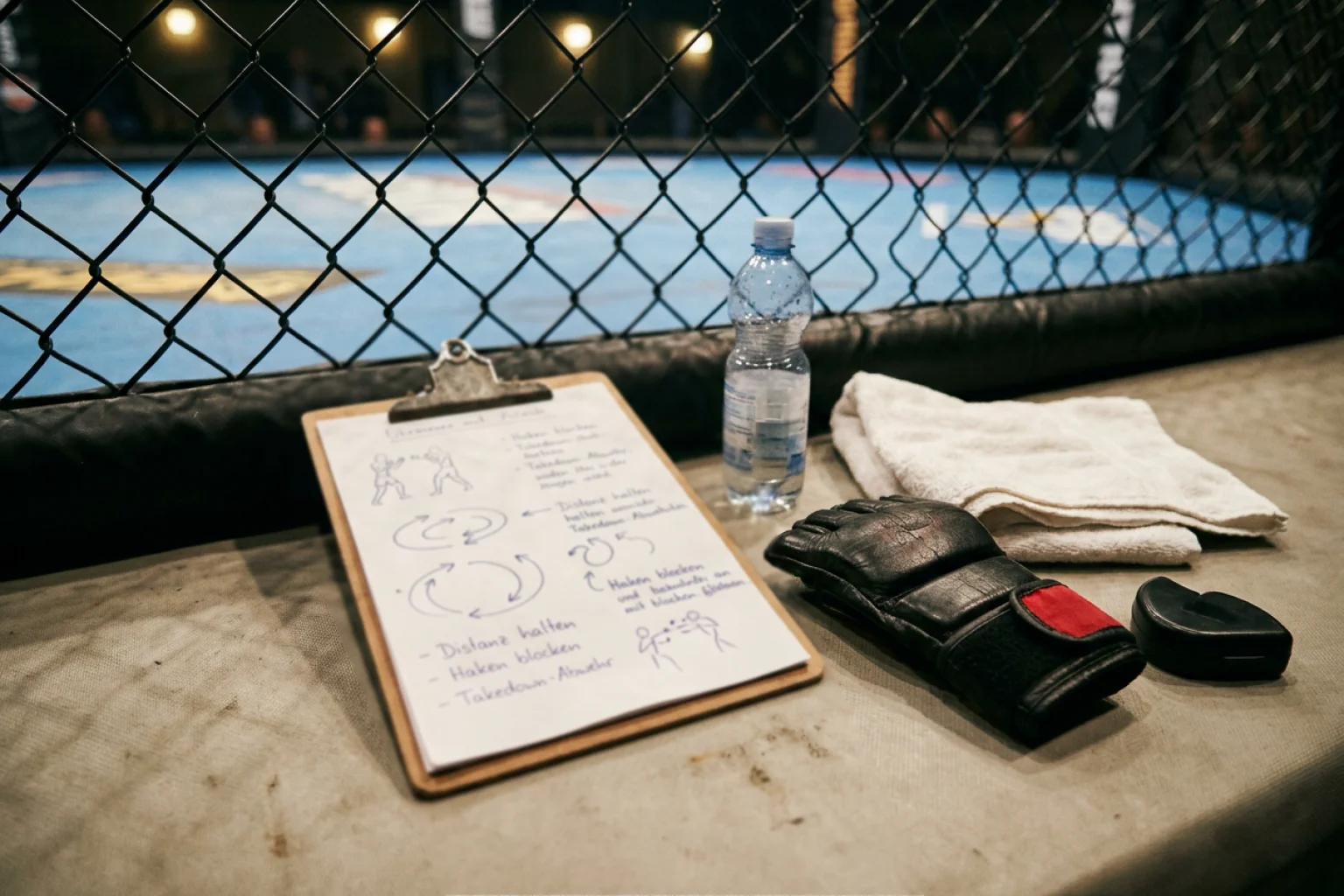 Cornerman analysiert Kampfdaten und Notizen während einer Pause zwischen den Runden