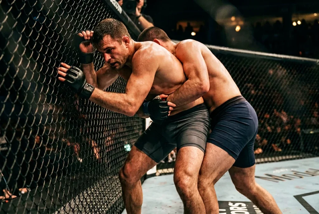 MMA-Kämpfer in defensiver Position am Käfig im Oktagon