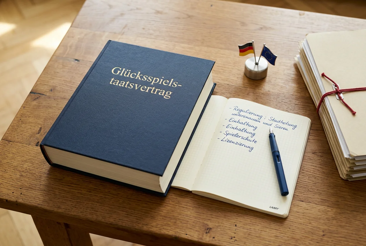 Symbolbild deutsche Glücksspielregulierung: Aktenordner, Gesetzestext und Stempel