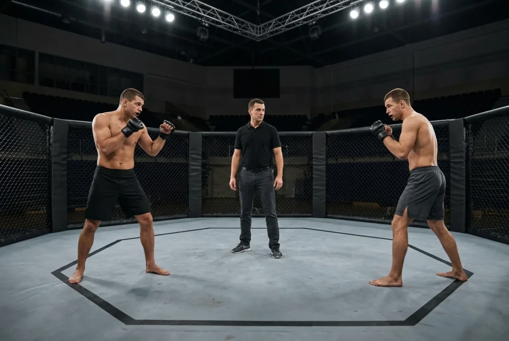 UFC-Oktagon mit Kampfrichter und zwei MMA-Athleten in der Vorbereitung