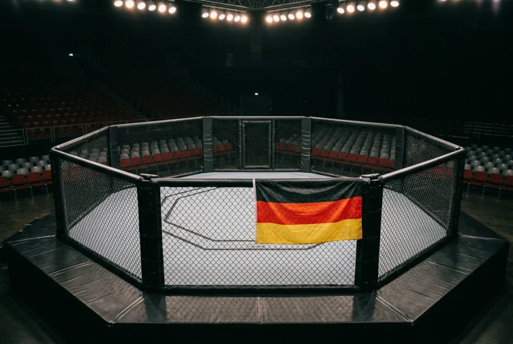 MMA-Kampf im Oktagon mit Deutschland-Flagge im Hintergrund