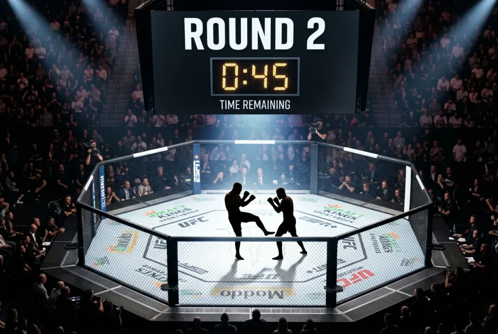 Runden-Timer auf einer Großbildleinwand über einem MMA-Käfig in einer Sportarena