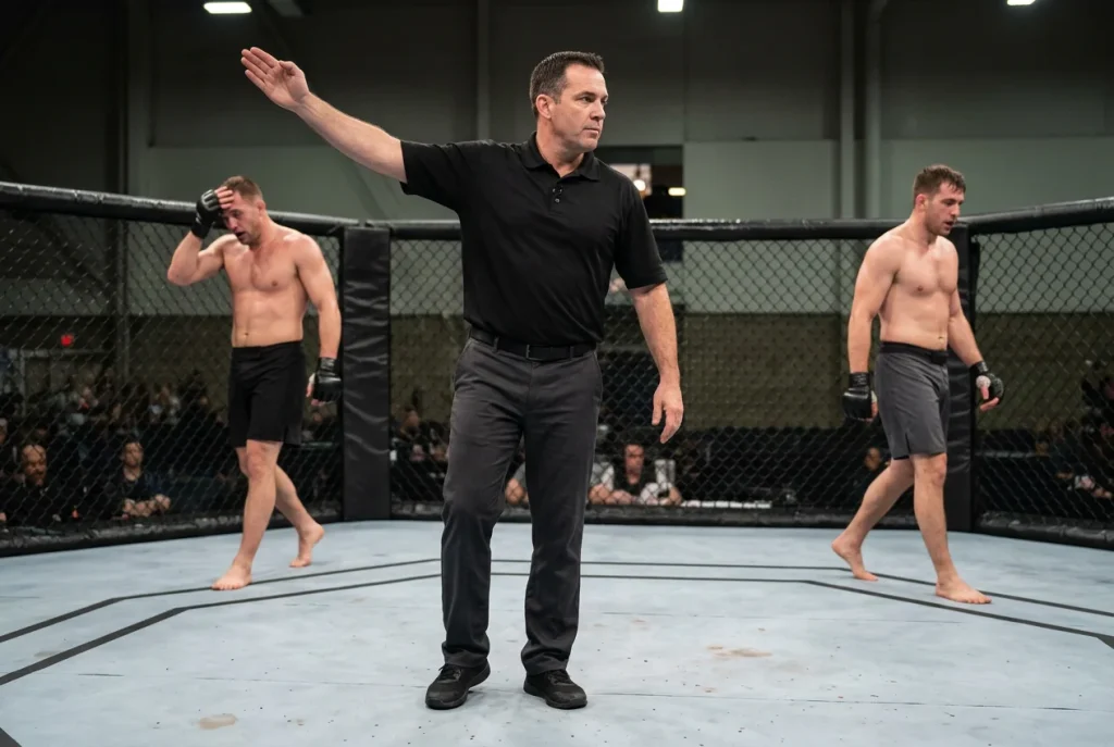 UFC-Kampfrichter signalisiert das Ende einer Runde im Oktagon