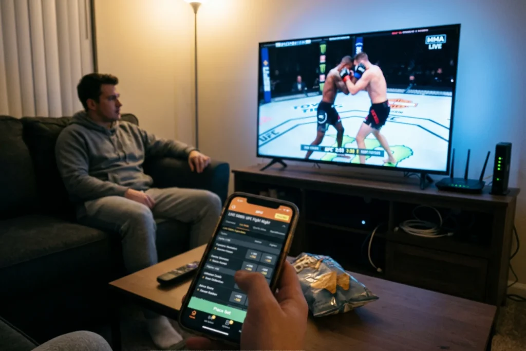 Fernseher mit UFC-Live-Übertragung und ein Smartphone mit Sportwetten-Oberfläche im Wohnzimmer