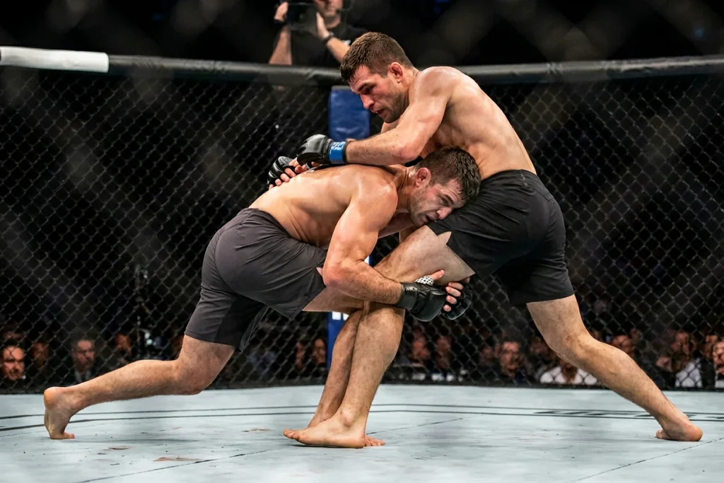 MMA-Kämpfer führt einen Takedown im Oktagon aus