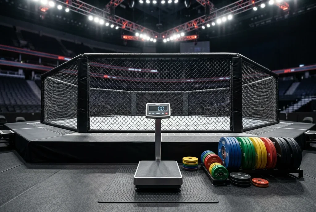 Oktagonaler UFC-Käfig mit Waage und Gewichtsscheiben in einer Sportarena