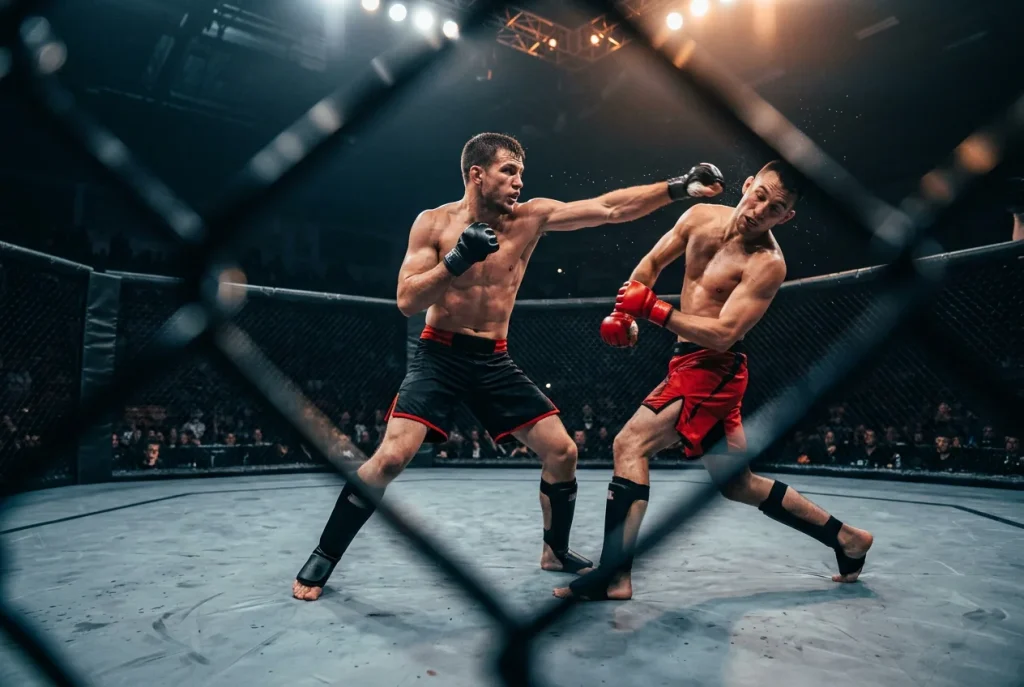 Zwei MMA-Kämpfer im Oktagon während eines aktiven Schlagaustauschs