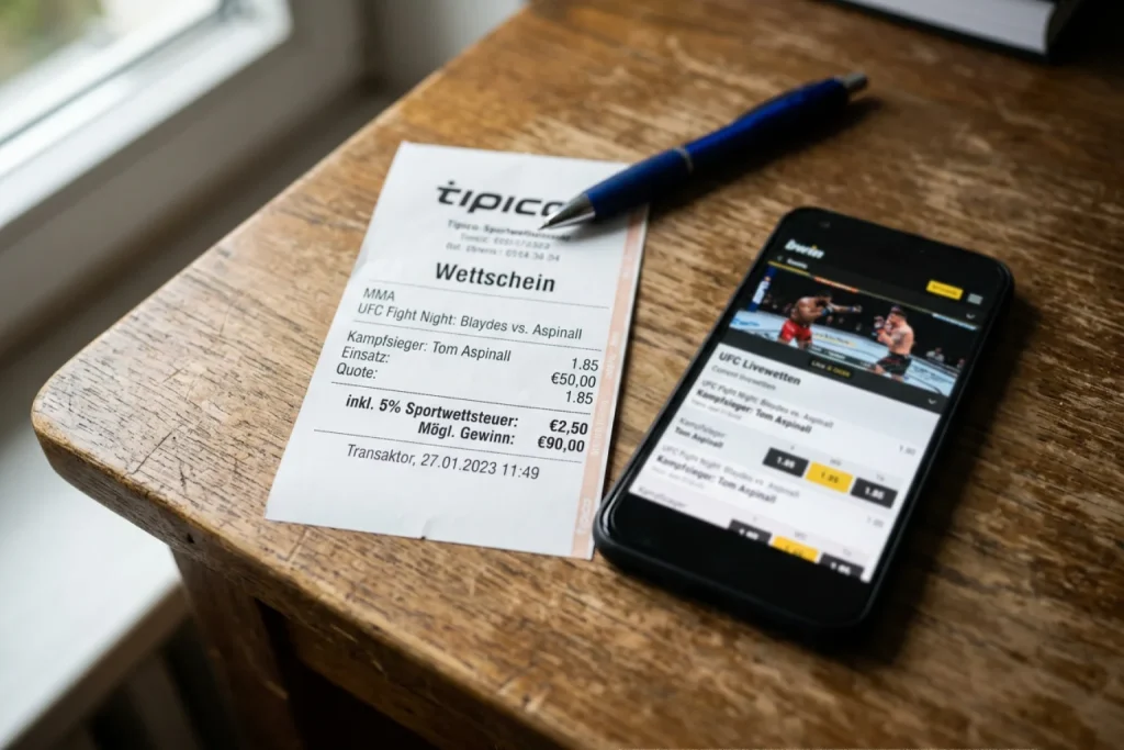 Sportwetten-Beleg mit Steuerzeile auf einem Schreibtisch neben einem Smartphone mit MMA-Wettoberfläche